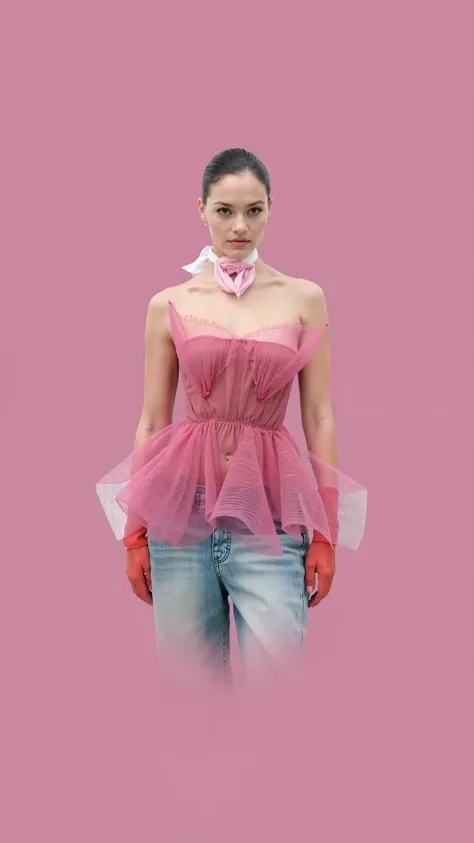  This is a high resolution image, with meticulously rendered details, girl in a pink top and blue jeans, standing on a pink background.