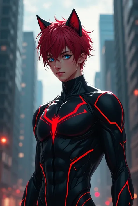 image of an anime boy with red hair black locks blue eyes wearing a superhero suit in the shape of a black anime cat with red lines