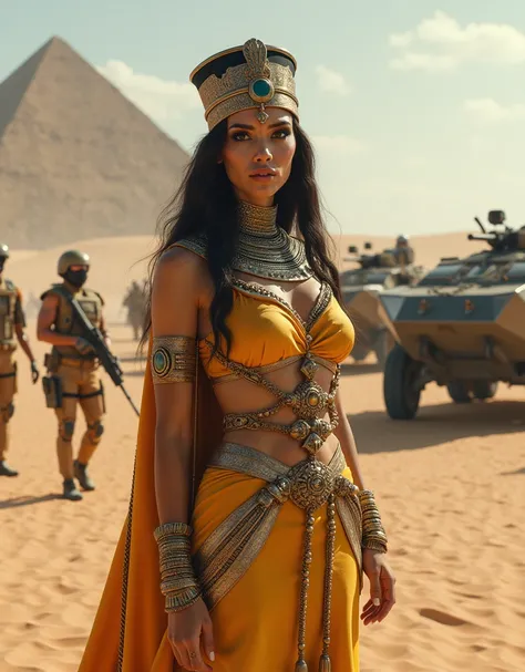 A beautiful Egyptian woman in an ancient pharaoh outfit stands on the desert, surrounded by modern combat vehicles and soldiers with high-tech equipment. In the style of fashion photography, the artwork has a futuristic and elegant fantasy style with digit...