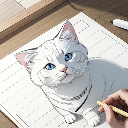 Line drawing of a white cat、Precise line drawing