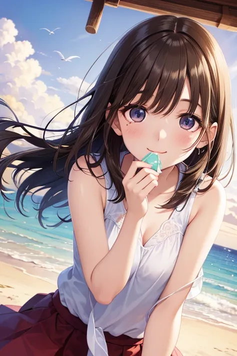 anegasaki nene, shiny chestnut hair, (brown pretty eyes, sparkling eyes, fine eyes), smiling face, super detailed eyes, highly detailed face, highly detailed eyes, (masterpiece:1.2, best quality), 1 girl, cowboy shot,, 




 top quality,   blue sky,  Calm ...