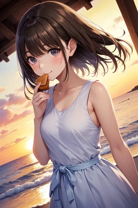 anegasaki nene, shiny chestnut hair, (brown pretty eyes, sparkling eyes, fine eyes), smiling face, super detailed eyes, highly detailed face, highly detailed eyes, (masterpiece:1.2, best quality), 1 girl, cowboy shot,, 




 top quality,   blue sky,  Calm ...