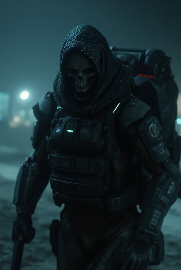 Ghost recon, army, heavy tactical armor, nights , skull inspired mask, super soldier, extremely dark environment, halo jump, stealth 