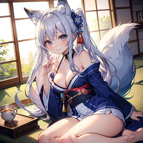 (( top quality))、(( Masterpiece))、( Details)、( ultra high resolution)、 cute girl、 pees on a very young 、solo、
( Silver Hair、 very long straight hair )、 very big breasts、( fox ears、 fox tail growing from the waist)、
(Relaxed blue kimono )、
tatamiに座っている、seiz...