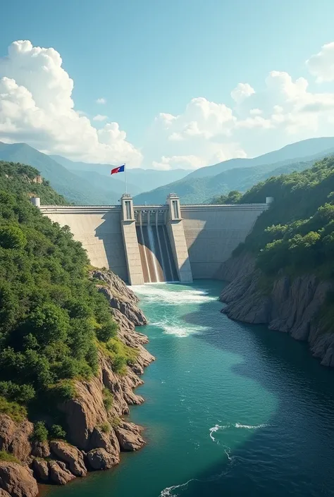 Generate an image with a label with letters of nature that says PATUCA and in the background a Patuca lll hydroelectric dam with the flag of Honduras flying 