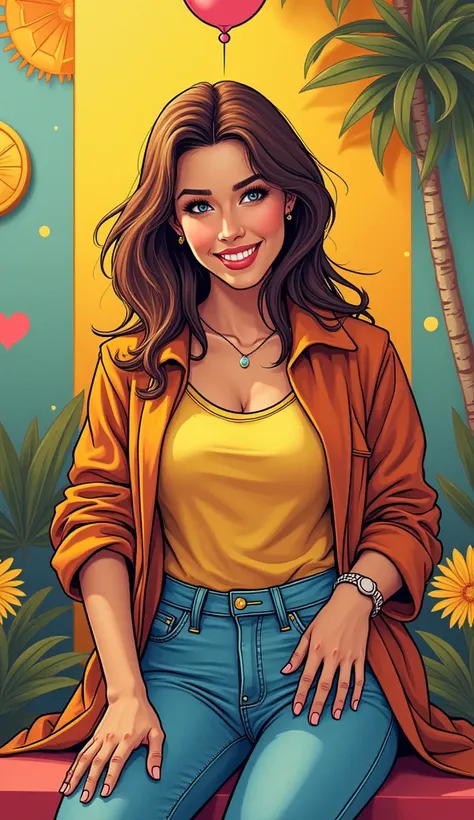 DISCREET image. with discreet casual clothes. image adult woman, american, comic book style. SHE IS HAPPY AND GRATEFUL, with a discreet smile. IMAGES WITH VIBRANT COLORS.