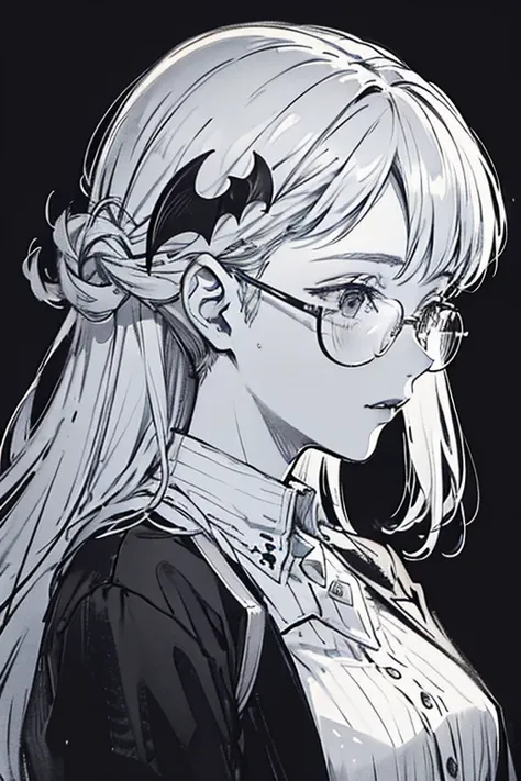 vampire 1 ,woman,Big fangs, no background, HD, Masterpiece, suit,Researcher, portrait, upper body,Bat barrette,Black and White,2D,profile, black＆ white ,Glasses,flask simple background, Sharp teeth, red eyes, キャラのprofile, 