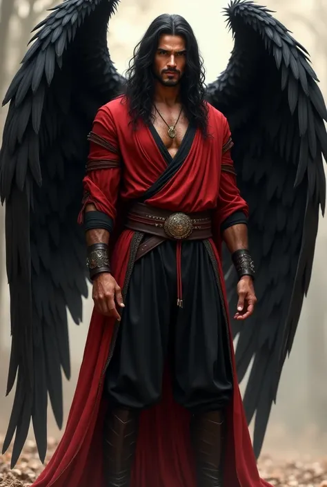 Now generate a man, wearing black wool pants and a red tunic he must be tall and muscular, He has long, wavy black hair, we tidy it up like in the Persian era,  Her expression is serious , He has a scar on his face that is not very big and he has huge wing...