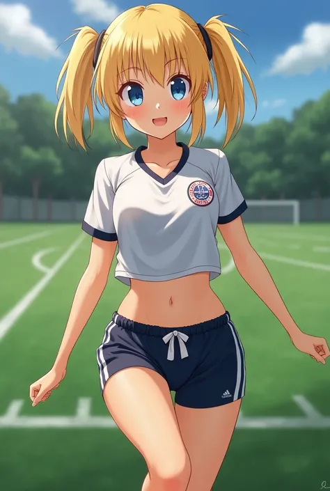 score_9, score_8, masterpiece, perfect face, bimbo, cute smile, short, medium hair, twin tails, looking at viewer, cute face, blonde hair, blue eyes, medium breasts, perky tits, 1girl, slightly fit, football panties, football field background, aged 18, sho...