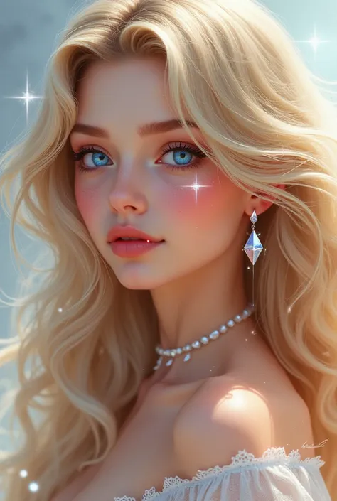 Blonde Hair, Long Hair, Curly Hair, Breasts, Earrings, Blue eyes, Makeup, Light Smile, Light Blush, Diamond-Shaped Pupils, Hair Beads, Sparkle, Conceptual Art, Icon Style, 