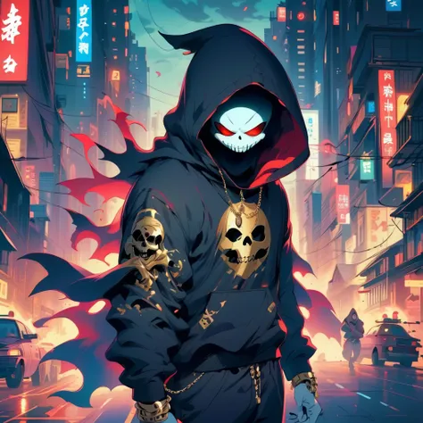 Ghost、[Scared、bodywear、Ghost、fight、battlefield、 Detailed city background, big gold necklace,  is wearing a hoodie