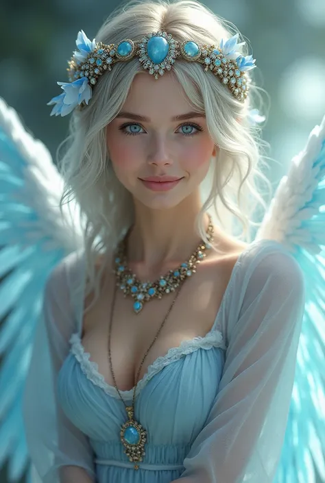 Now create a delicate blue-eyed woman, beautiful, Also with wings but hers has very light blue fluff and she smiles in a friendly way and jewels, She must wear handmade jewelry 