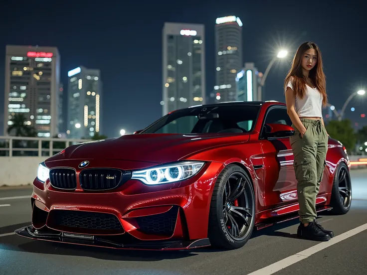 photorealistic a beauty thai girl long hair looking to camera, wear tshirt white and rope long cargo pant she is standing on side sporty car BMW M4 red metallic chrome shining paint with race car body,very lowground from aspalt,wear chrome alloy wheel raci...