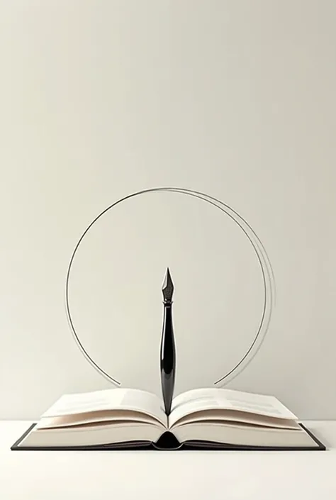 An Opened book. a black pen nib at its centre a round around the book.