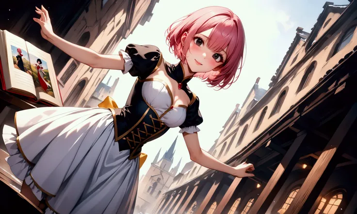 (masterpiece),  BEST QUALITY, ((Picture book illustrations)), The story of the protagonist ,  The protagonist is on the edge of the screen, ((Snow White Costume)), (20 years old), 160cm tall, (((short hair), Straight Hair, (pink hair:1.5), bob cut, black e...