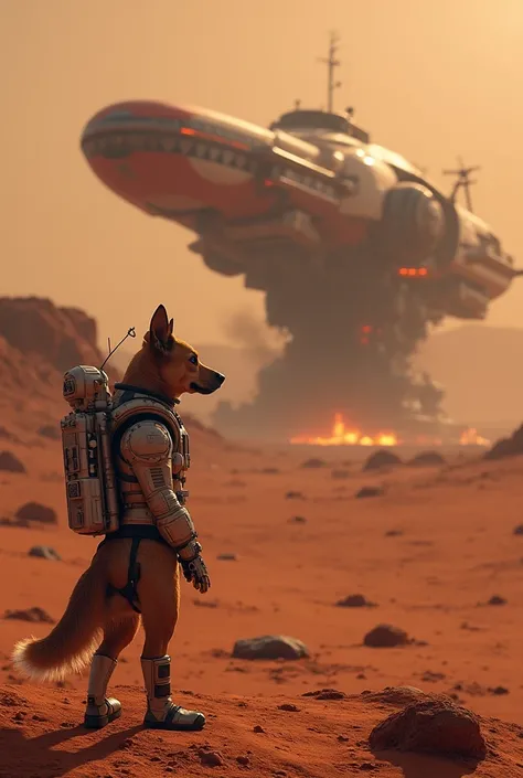 Create an imagr of austronaut dog standing on mars and looking towards warspace ship whish is goimg to destroy soon