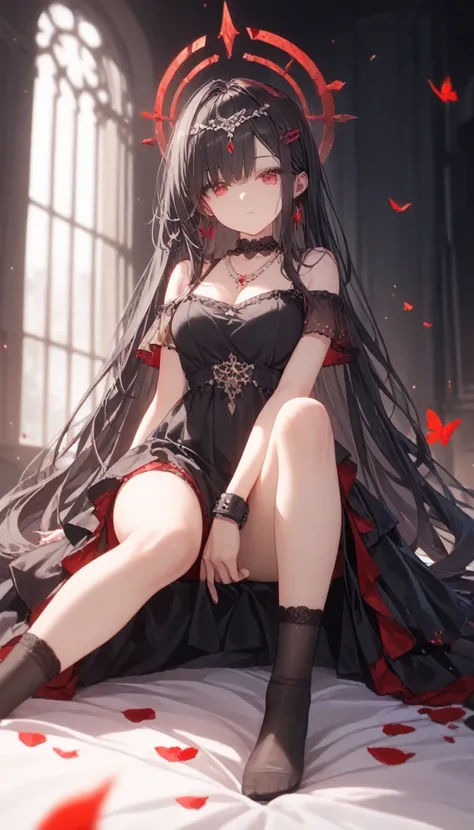  expressionless ,,(Dark Fantasy),(( Great Illustration )),(Detail Splash),   long dark hair,  red eyes,  girl, Pure black dress, Collar only,  Cuffs and skirt are dark red ,  red butterfly hair clip fastened on the side,  Masterpiece, 最 high quality,  high...