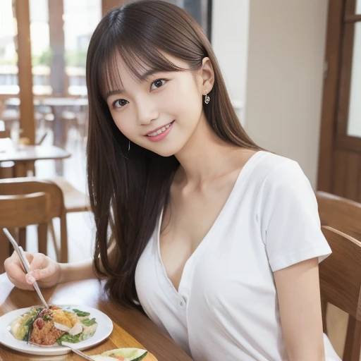 2D illustration of a woman carrying food on a table, wearing a white T-shirt and jeans, full body from head to knees, lively facial expression, casual dining with colorful dishes neatly arranged around her Area, Natural light from the bright windows, Each ...