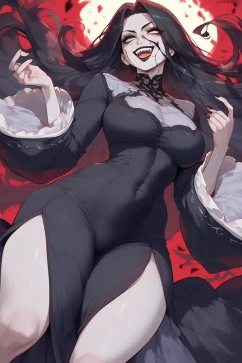 Woman, black dress, long sleeved dress, wide sleeves, gray skin, black lipstick, long hair, black hair, sharp teeth, black cracks on face, evil smile,Anime style 