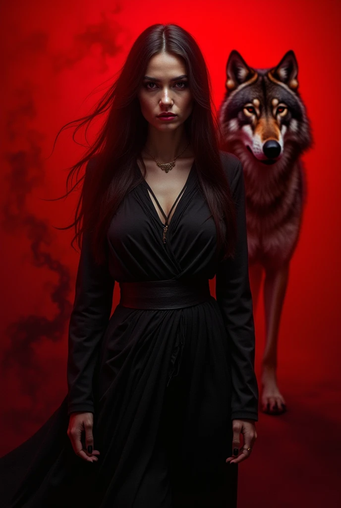 Woman with a wolf in the background of the red image with black smoke 