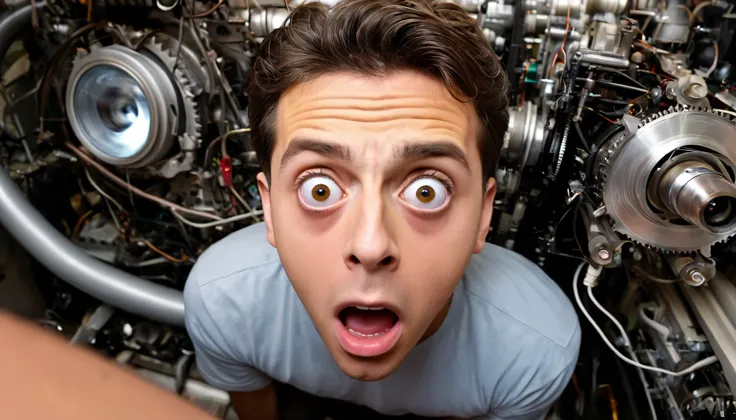 dynamic angle, Super Detail,, 1 American in the background,male, light brown eyes, big eyes, shock, Surprised, shocked eyes, out of breath, Confused, There is a machine