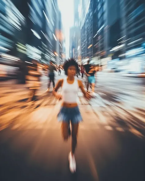 Blurry image, running woman motion blur, A woman running in the opposite direction to people walking, blurry light particles, blurred city lights, walking motion blur people silhouettes, running motion blur, pedestrian crossing, outdoor, blurred cityscape,...