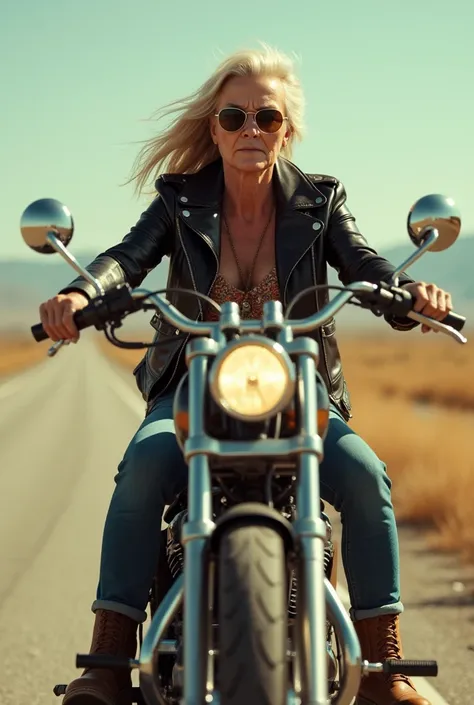  HD、 high resolution、 old woman is riding a motorcycle like Peter Fonda、 wearing sunglasses、チョッパーバイク、 riders jacket、 jeans、Riders boots、movie「Easy Rider」、ピーターフォンダみたいに、