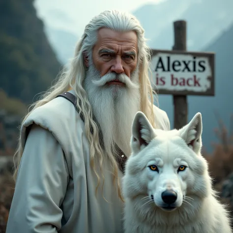 
Ultra-realistic young man, He has half-length white hair and a white beard. Il y a un loup blanc avec lui et un panneau « Alexis is back ». He is dressed in white.