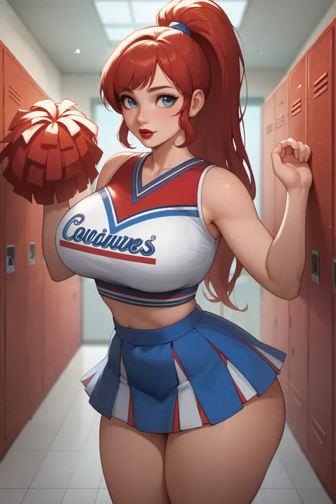 High quality, high resolution, masterpiece, intricate details, proffesional artwork, 1 girl, beautiful face, sexy face, gorgeous, long red hair, long ponytail, (captivating ice blue eyes:1.2), freckles, cute nose, cheerleader outfit, blue skirt, white top ...