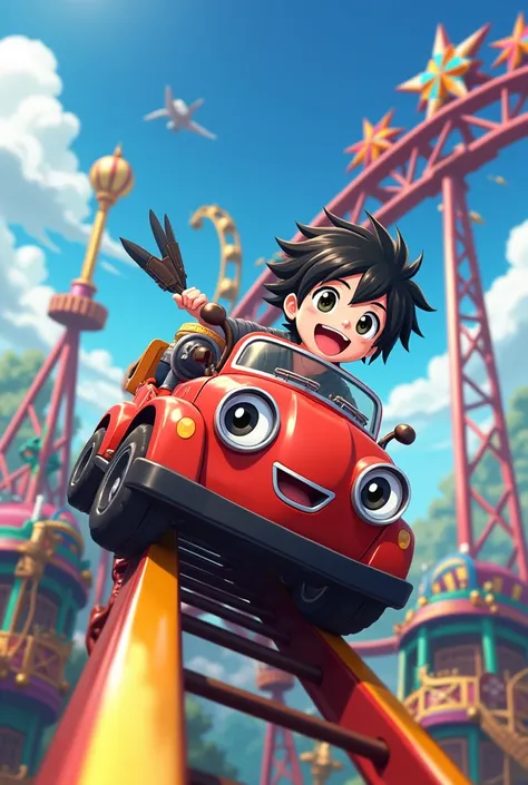 Make an anime boy  riding an roller coaster With a small picture