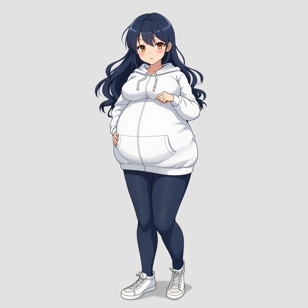 anime girl,long hair,dark blue hair,orange eyes,white hoodie,dark blue thin pants,white sneakers, Anime style,  high definition,big breasts, big breasts , big hyperpregnant girl ,keep your finger on the pulse,hyperpregnant big girl with belly,pregnant big ...