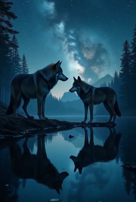 A majestic wolf gazing at its reflection in a calm lake under a star-filled sky. The wolf’s large frame is bathed in soft starlight, and the surrounding forest adds depth and mystery. The Milky Way glimmers in the background, creating a tranquil yet awe-in...