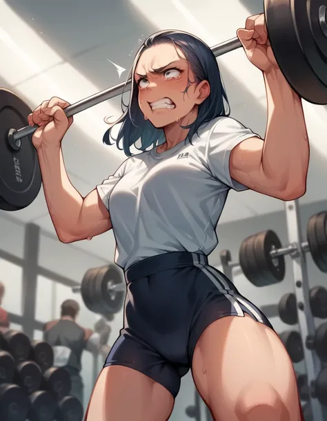 zPDXL, source_cartoon, 1girl, lifting a barbell at the gym, in pain, strained, clenched teeth, fully clothed 