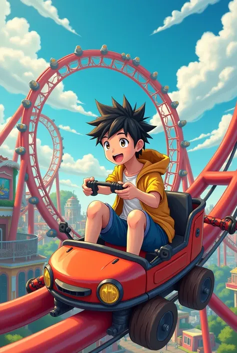 Make an anime boy teen riding an roller coaster Small but not big picture