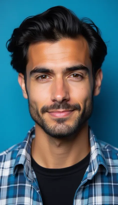 A young man with medium-length black hair, neatly styled, and a well-groomed beard. He has a neutral facial expression with a slight hint of a smile. His skin tone is warm and natural. He is wearing a blue and white plaid shirt over a black undershirt. The...