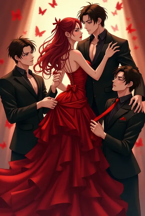 This image is a highly stylized digital illustration in an anime or manhua style, exuding a dramatic and romantic atmosphere. The color scheme is dominated by deep reds, blacks, and warm golden hues, enhancing the intensity and passion of the scene.

Chara...