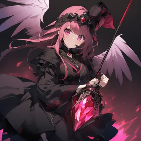 Pick up a black iron wand that uses red and black jewels with dark attributes、Wear outfits based on black and red、「black painting」A 19-year-old female mage with the nickname of。She looks like pink hair、Pink eyes。 she is wearing a pendant containing a dark ...