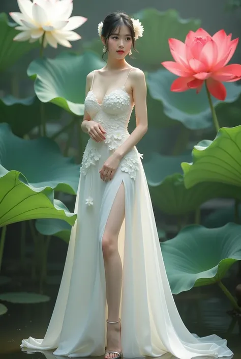 a woman in an elegant, flowing white gown adorned with floral designs. She is standing in a serene environment surrounded by large lotus flowers in various colors, including white and red, along with broad green leaves. The setting resembles a tranquil gar...