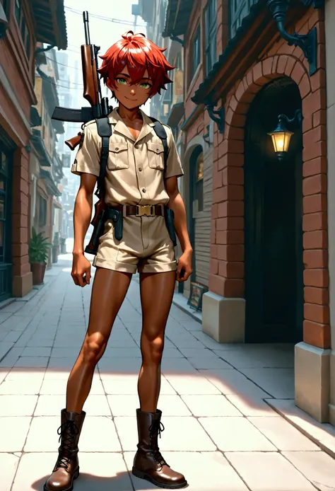 1boy, shota, skinny, dark copper tan skin, solo, red hair, short hair, off button khaki uniform, gun belt, khaki short pants, green eyes, cyberpunked rifle on back, city street, lower buildings, standing on the street, smile, masterpiece, best quality, cin...