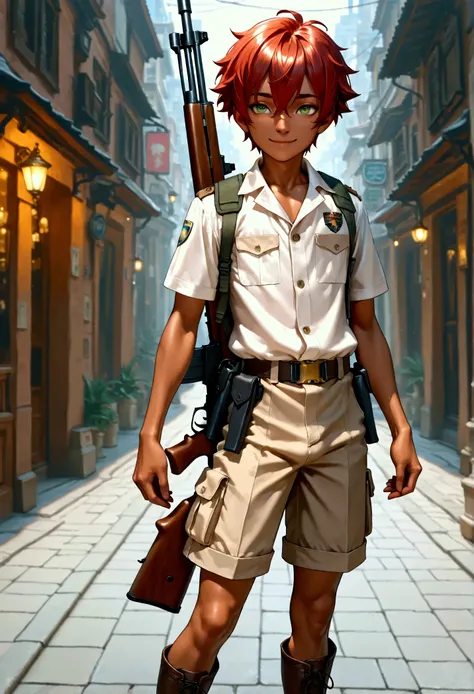 1boy, shota, skinny, dark copper tan skin, solo, red hair, short hair, off button khaki uniform, gun belt, khaki short pants, green eyes, cyberpunked rifle on back, city street, lower buildings, standing on the street, smile, masterpiece, best quality, cin...