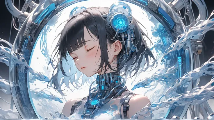 Imaginative、 complex illustration in cyberpunk surreal art style emerging from a large transparent culture tank ,  coming out of a large transparent culture tank 、 transparent blue two-tailed ether machine girl's bust , Blue and white mechanical body ,  bl...