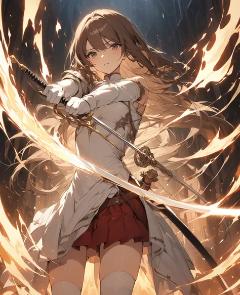 masterpiece, Top quality ï¼Œï¼Œ1 girl, arms, sword, alone, length_hair, chest当て, Holding, Holding_arms, Holding_sword, armor, Brown_hair, Braiding, Knee socks, just_shoulder, Brown_eye, dress, Rapier, independent_sleeve, sheath, white_dress, white_Knee soc...