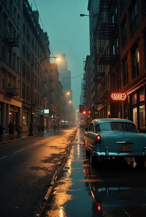 **Prompt:**  

A serene urban street at dusk, bathed in the soft glow of vintage streetlights. The scene is dominated by a nostalgic, grainy atmosphere, with faint shadows stretching across the wet pavement from a recent rain. A lone vintage car, its chrom...