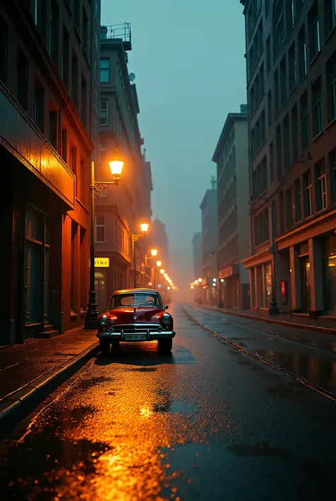 **Prompt:**  

A serene urban street at dusk, bathed in the soft glow of vintage streetlights. The scene is dominated by a nostalgic, grainy atmosphere, with faint shadows stretching across the wet pavement from a recent rain. A lone vintage car, its chrom...