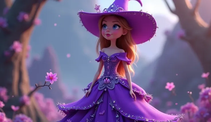 a beautiful witch in purple frock 3d cartoon animation