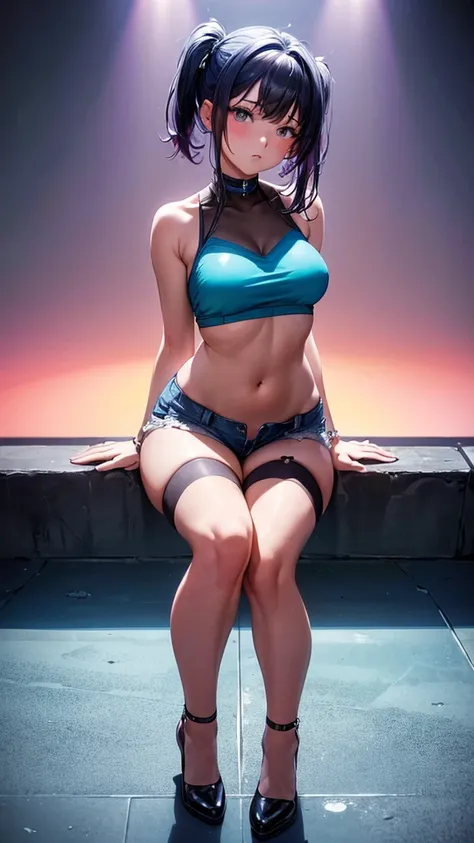 (best quality, masterpiece:1.2, top image quality), girl with (21-year-old, neon clothing, black navel off cut top, blue short shorts, thigh high stockings, best bust, bust, club background,     crouched position, with one knee bent and the other leg exten...