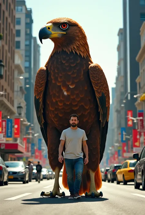 a man walks alongside a giant eagle bird in casual clothes in the middle of the city