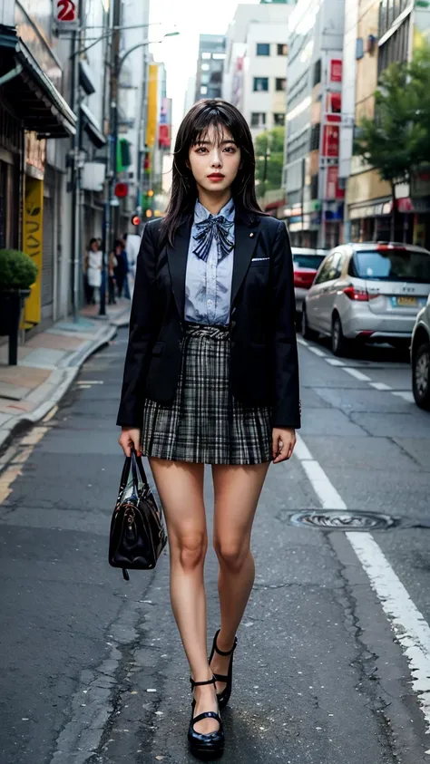 a beautiful 18 year old Japanese high school girl with perfect anatomy, healthy thighs, beautiful legs, beautiful skin, random hair color and style, large breasts, (wearing a Japanese schoolgirl uniform:1.3), (she is standing:1.2), penny loafers, holding a...