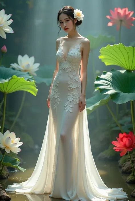 a woman in an elegant, flowing white gown adorned with floral designs. She is standing in a serene environment surrounded by large lotus flowers in various colors, including white and red, along with broad green leaves. The setting resembles a tranquil gar...