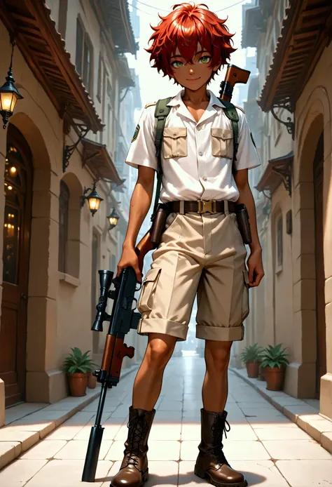 1boy, shota, skinny, dark copper tan skin, solo, red hair, short messy hair, off button khaki uniform, gun belt, khaki short pants, green eyes, cyberpunked rifle on back, city street, lower buildings, standing on the street, smile, masterpiece, best qualit...